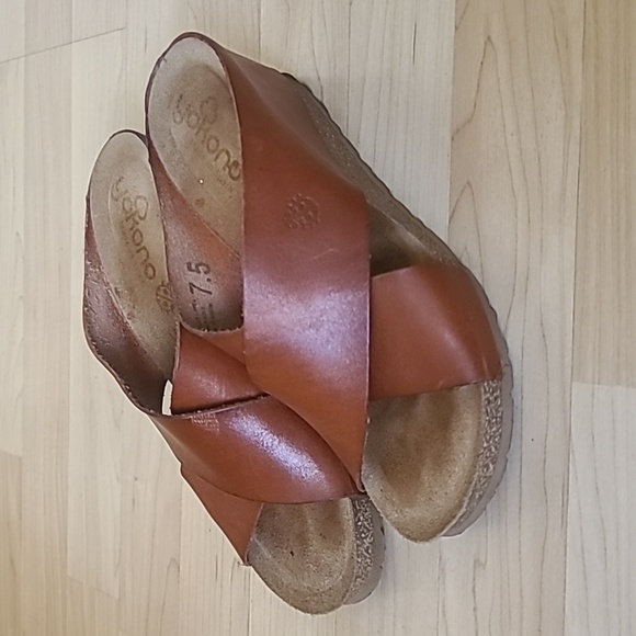 Yokono Womens Brown Leather Cork Wedge Slip On Comfort Sandals Size 7.5 - Picture 1 of 10
